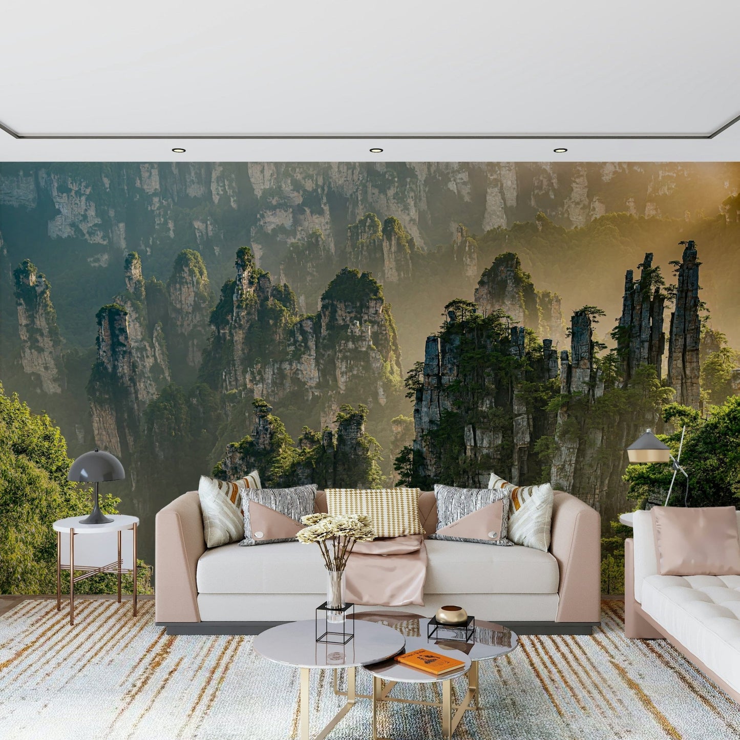 Magical mountain mural named Floating Woodland, epic and glorious.