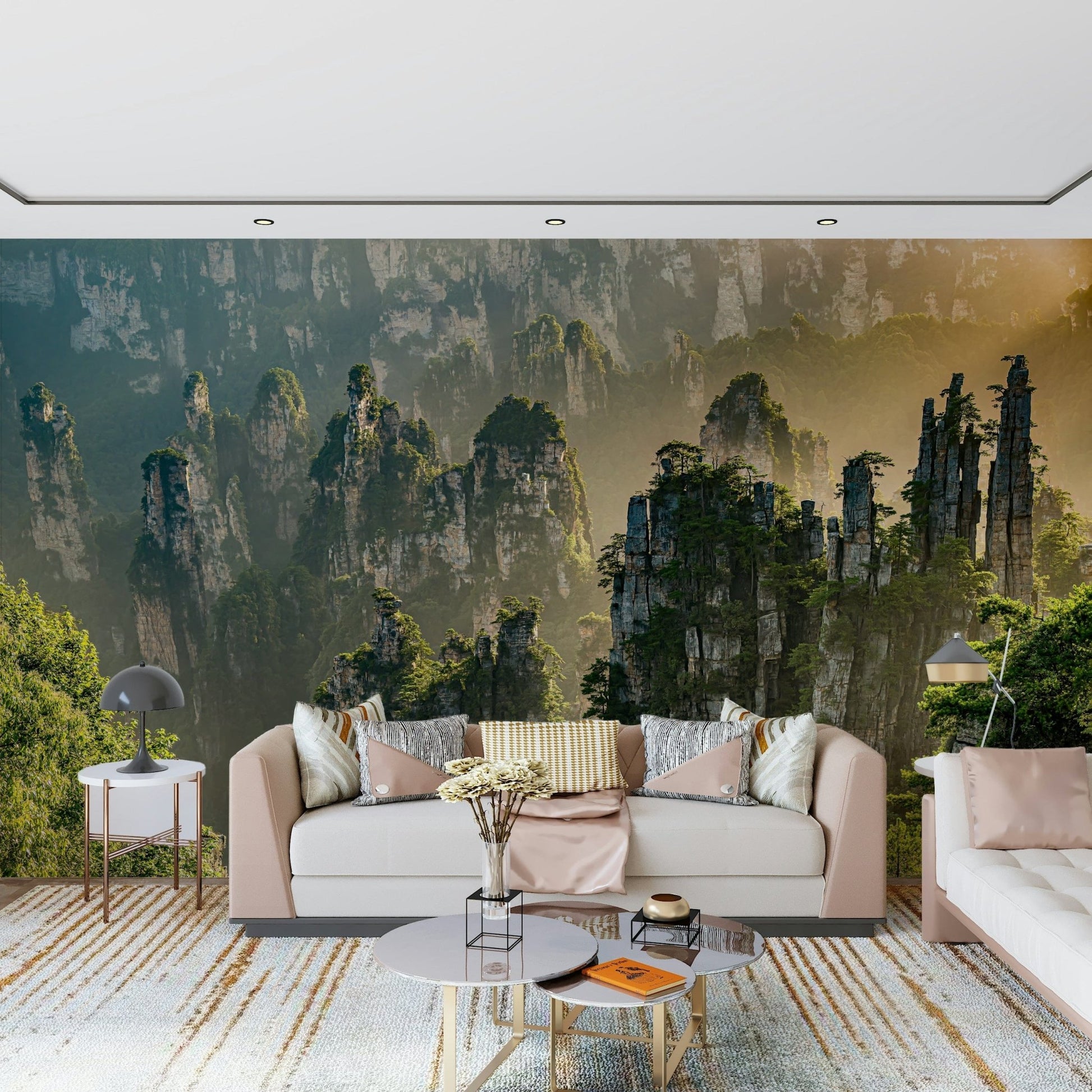 Magical mountain mural named Floating Woodland, epic and glorious.