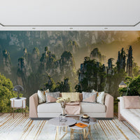 Magical mountain mural named Floating Woodland, epic and glorious.