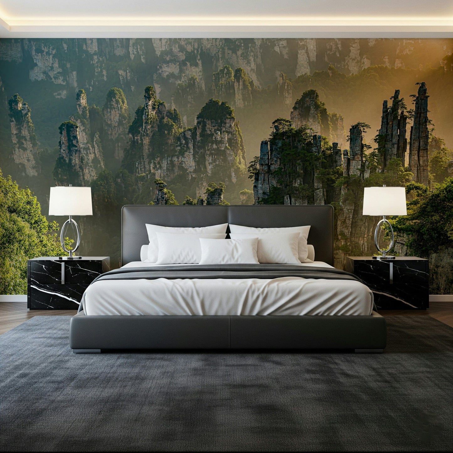 Breathtaking Woodland Peaks mural of amazing, mist-shrouded peaks.