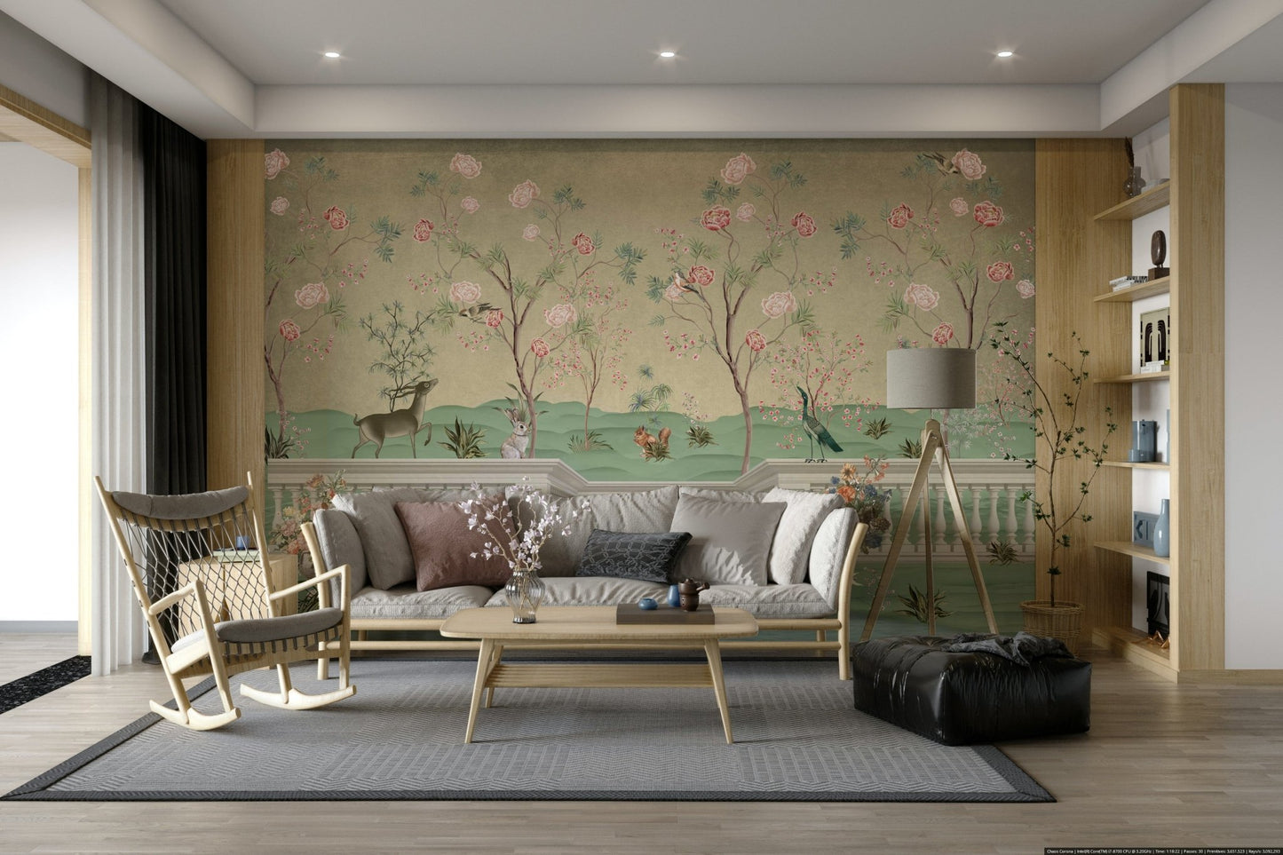 The animals are set among lush foliage, including flowers, leaves, and trees.
