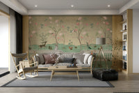 The animals are set among lush foliage, including flowers, leaves, and trees.
