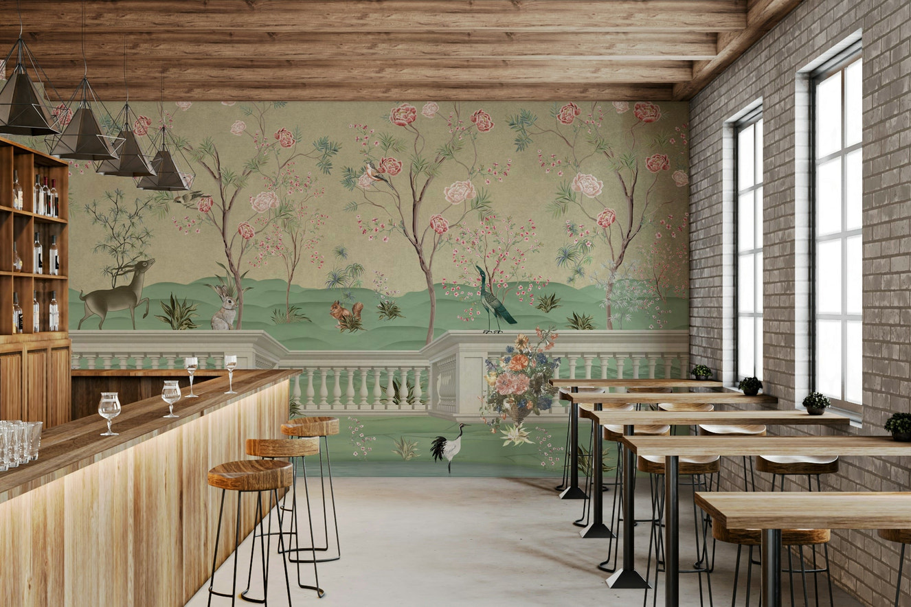 A full-wall mural showing a detailed scene of plants and animals.
