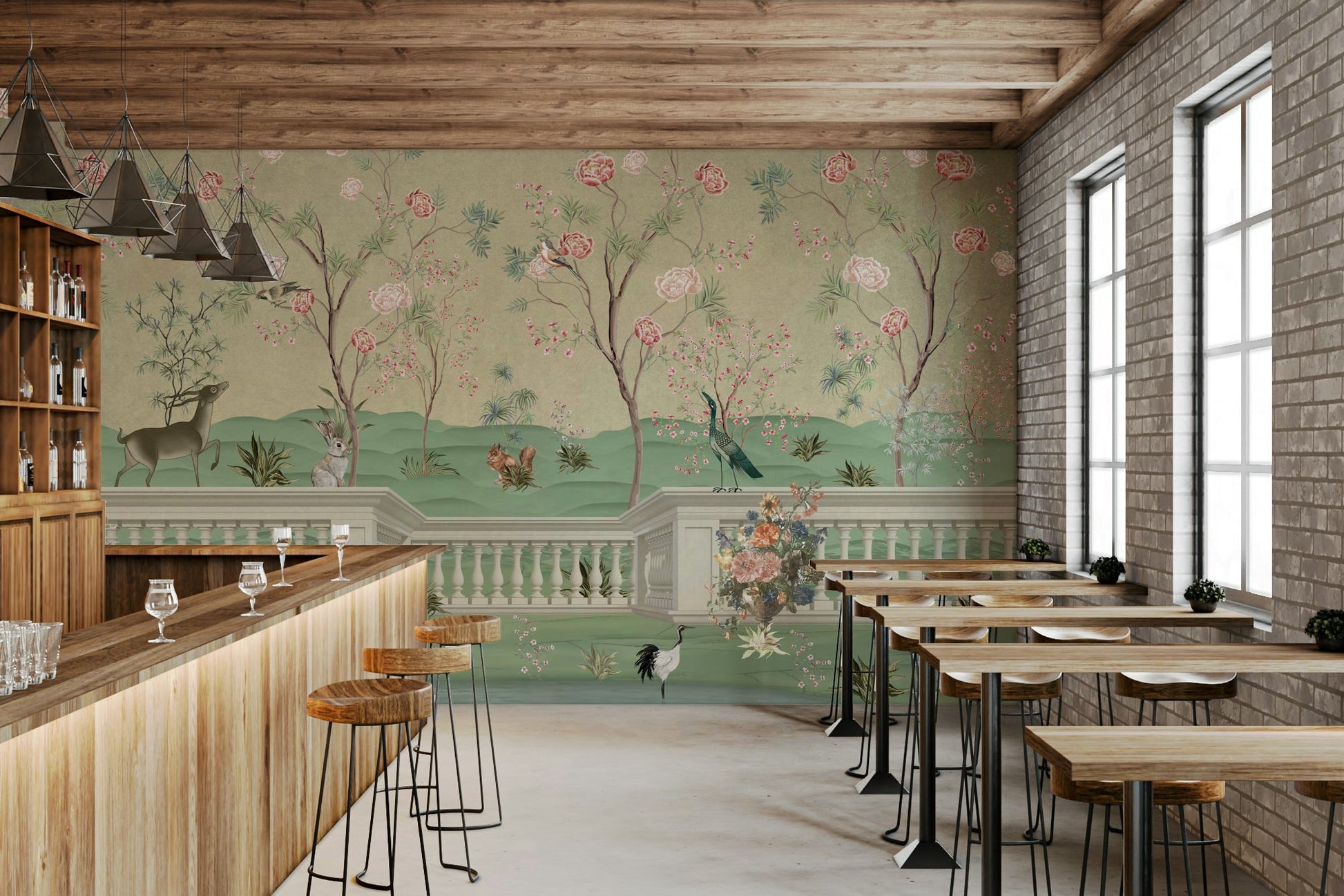 A full-wall mural showing a detailed scene of plants and animals.
