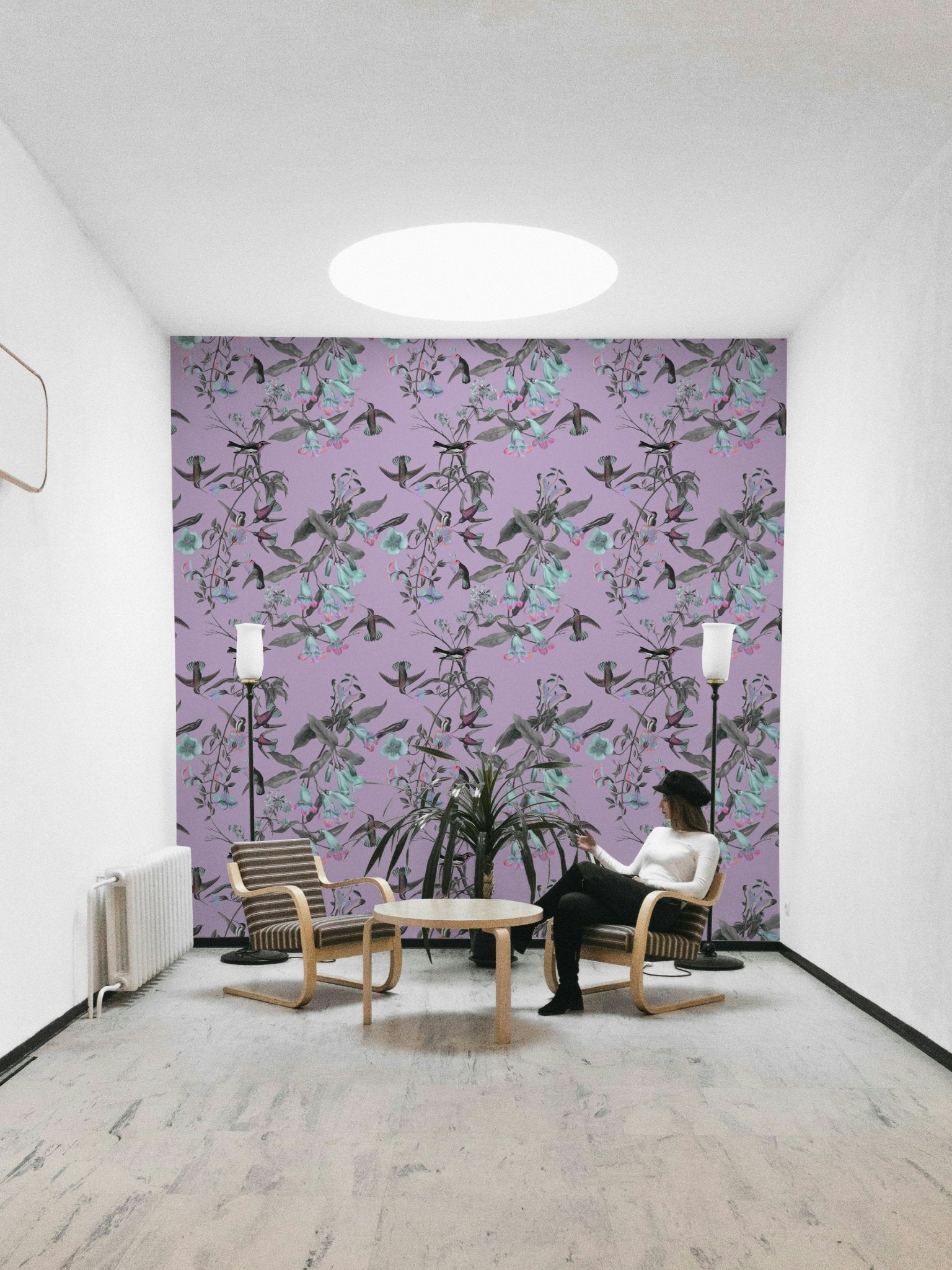 A calming feathered design wallpaper mural that defines a space.

