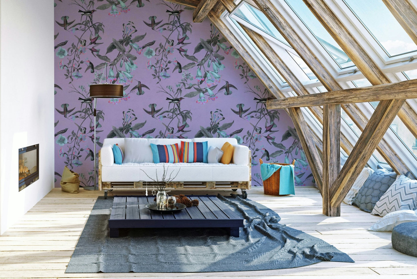 A graceful subtle bird wall mural in bright, natural tones.


