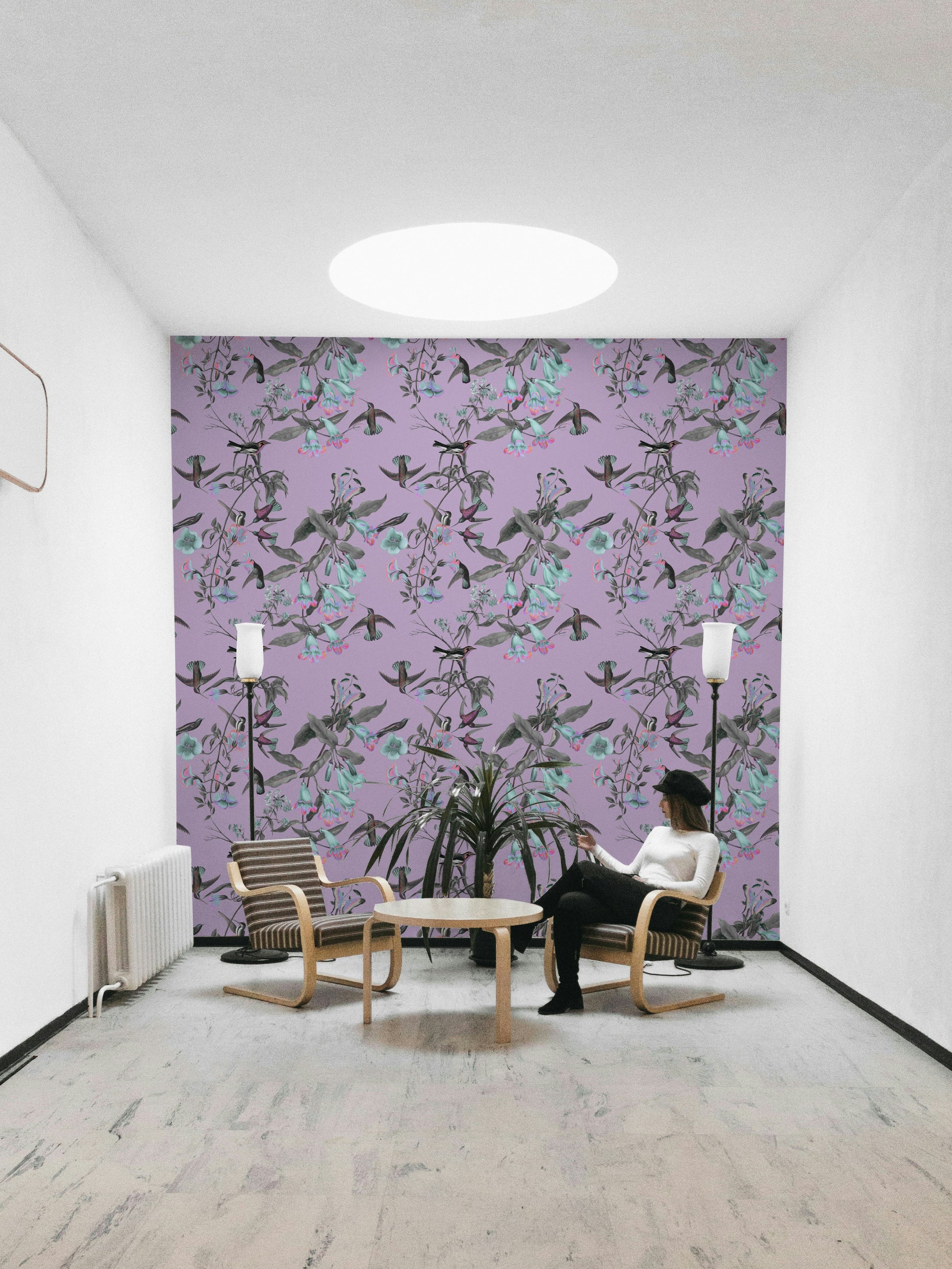 A calming feathered design wallpaper mural that defines a space.

