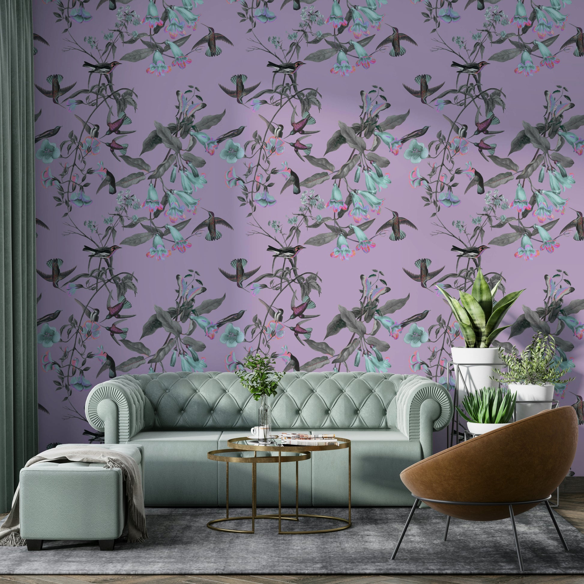 A beautiful whimsical wall mural for a living room.

