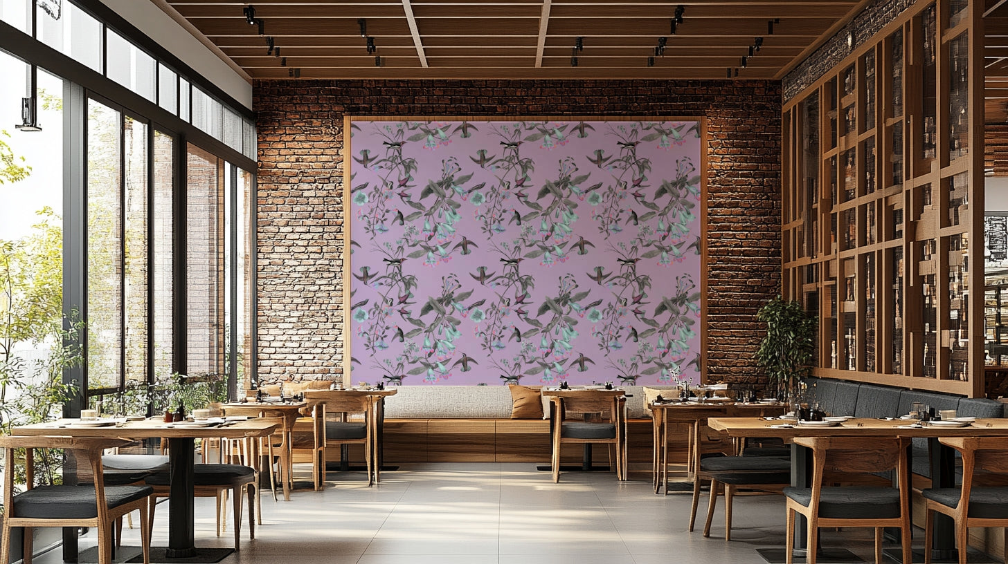 A classic floral wallpaper for walls with a bird theme.

