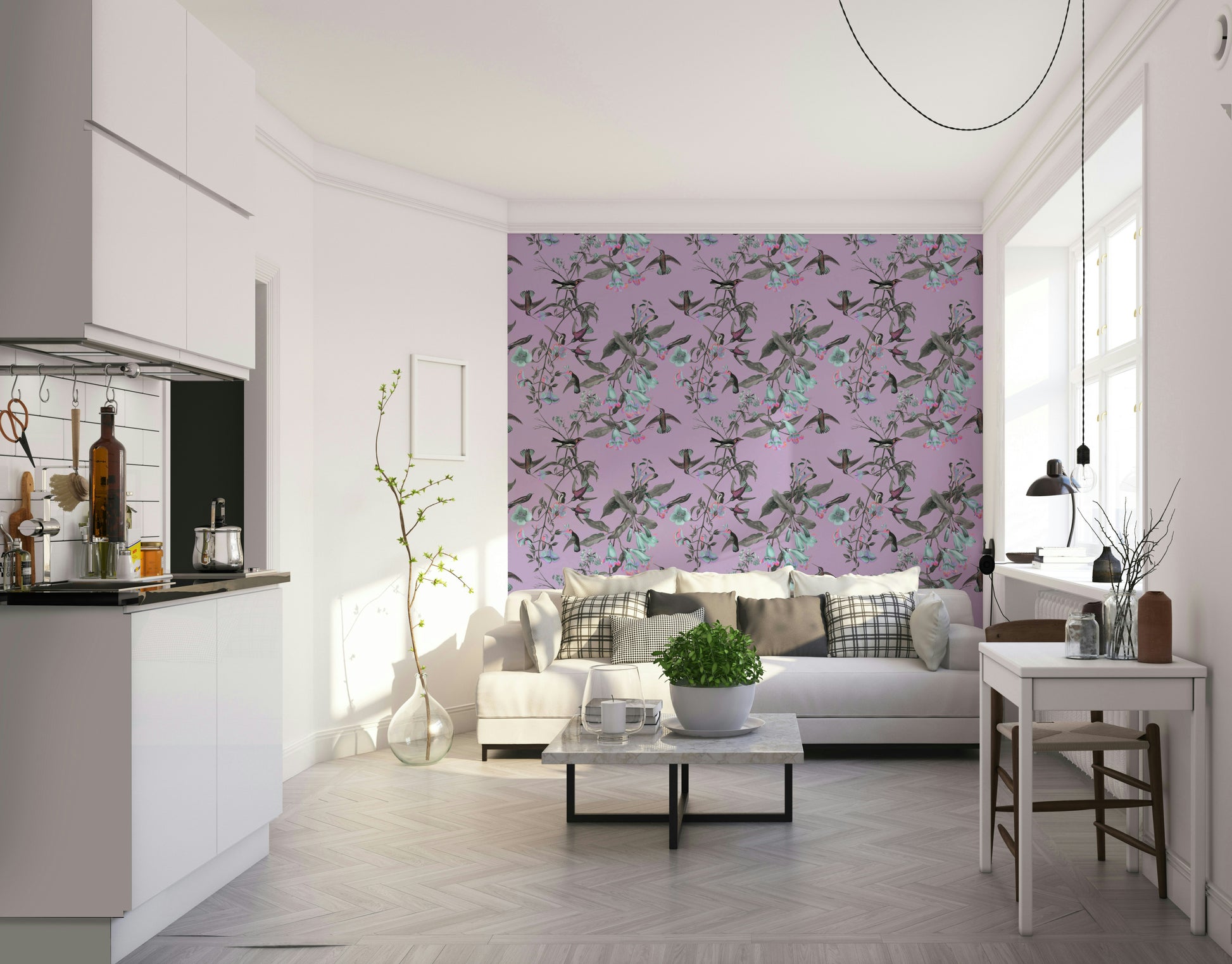 An artistic bird and flower mural on luxury wallpaper.


