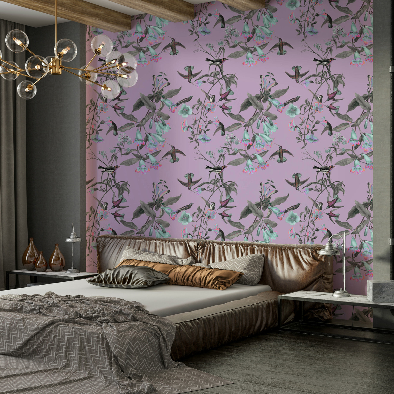 A beautiful fantasy floral wallpaper mural with elegant birds.

