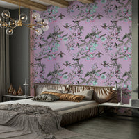 A beautiful fantasy floral wallpaper mural with elegant birds.

