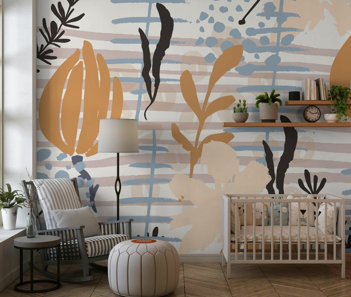 A serene floral and stripe wall mural for your decor.