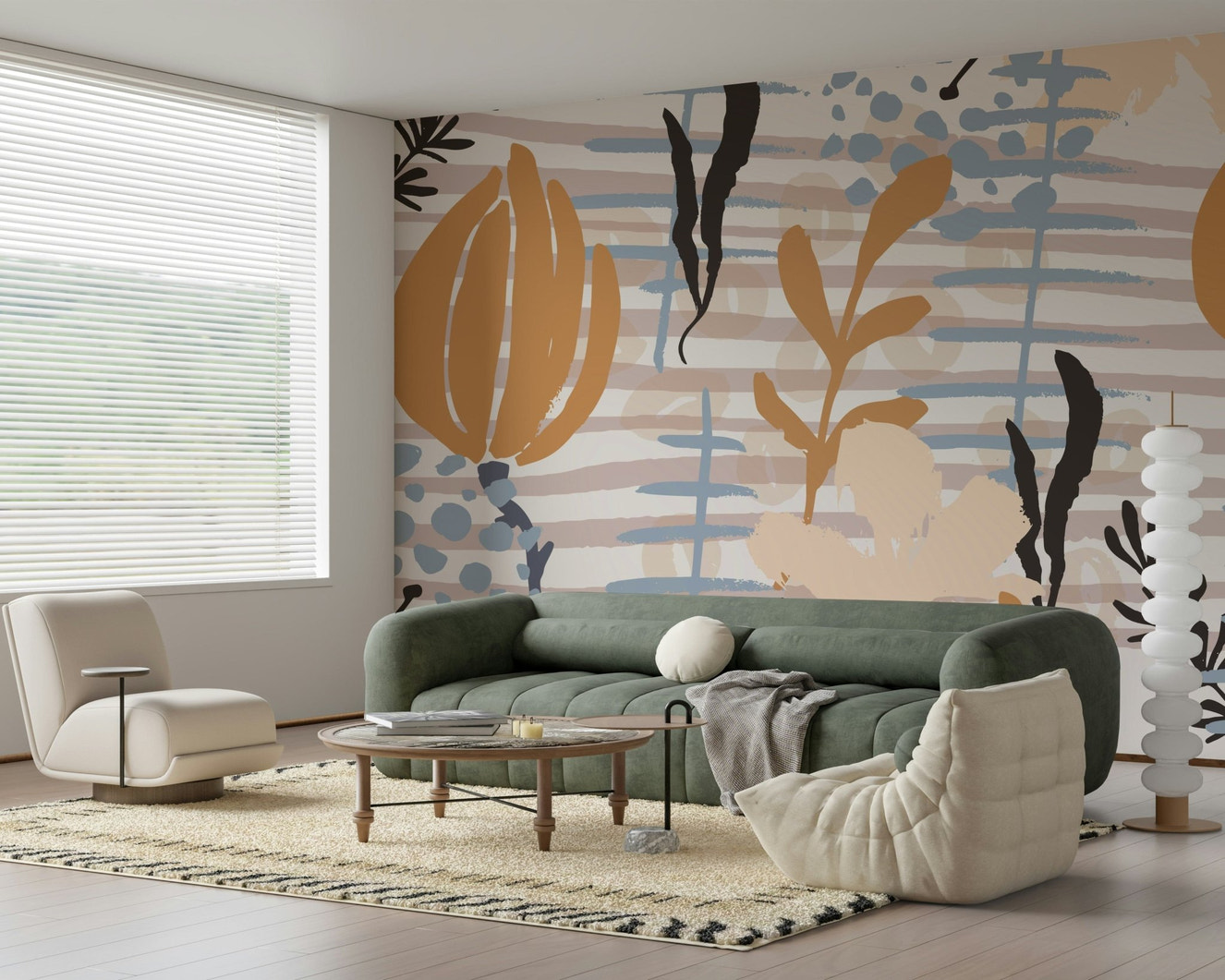 A beautiful botanical stripe wallpaper mural for a modern home.