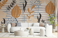An artistic lush foliage mural on minimalist wallpaper.