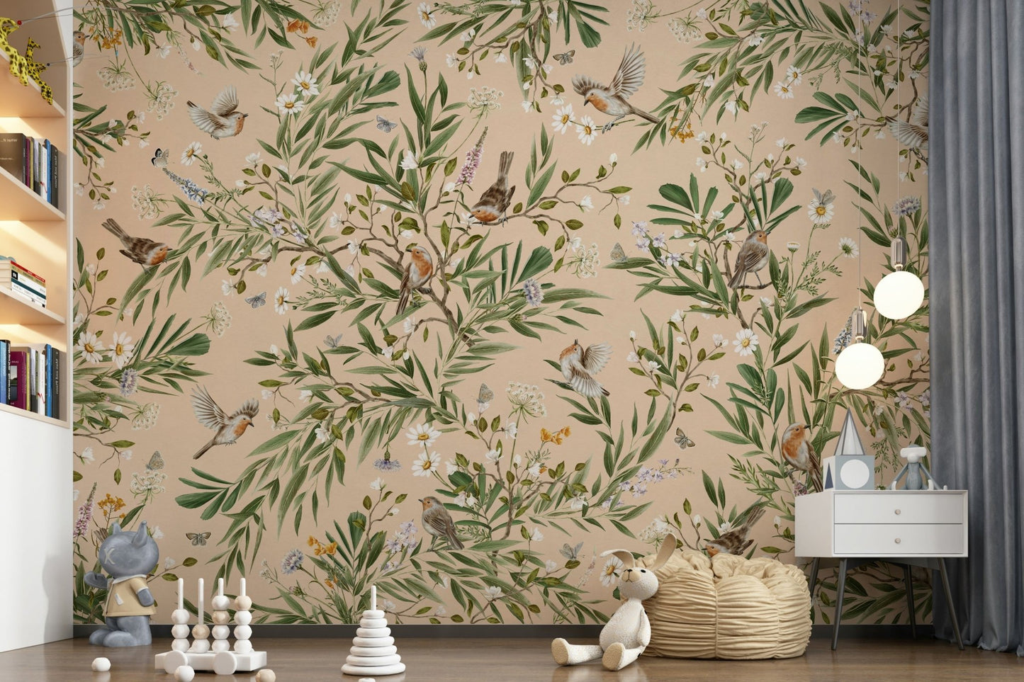 Rich botanical pattern within the Floral Aviary Wall Mural design.