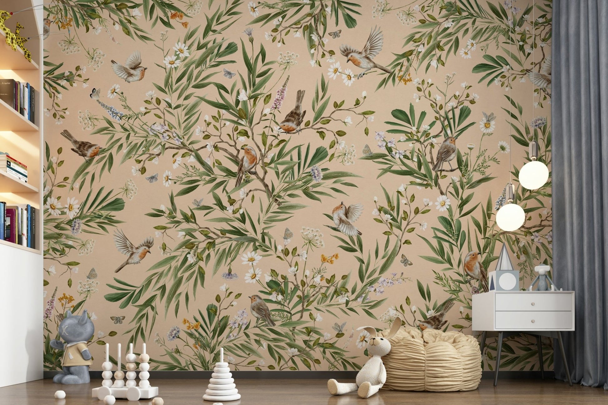 Rich botanical pattern within the Floral Aviary Wall Mural design.