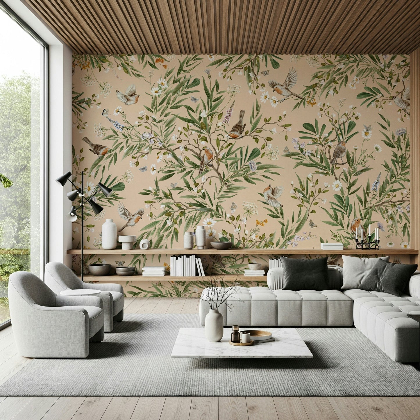 Architectural space decorated with the Floral Aviary Wall Mural.