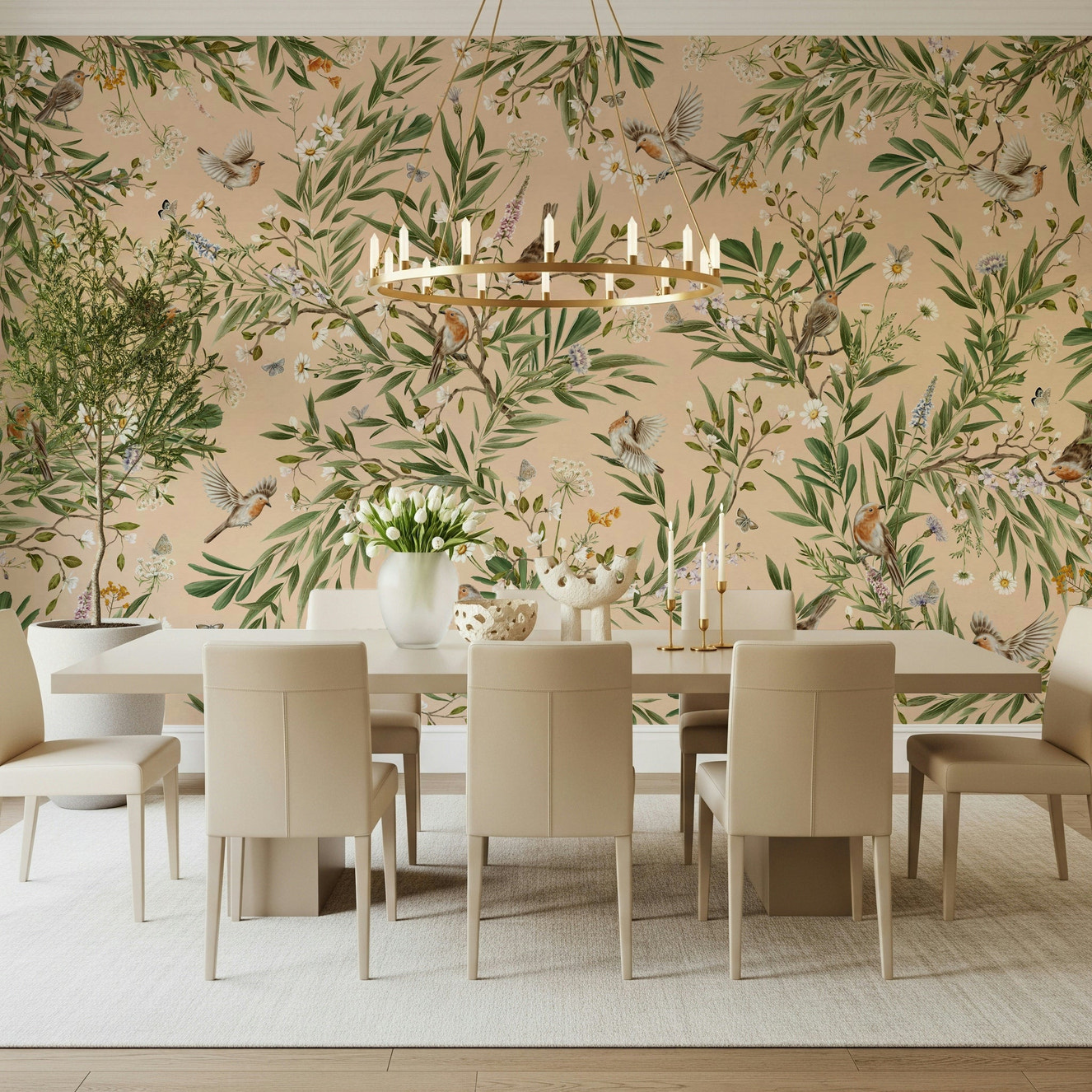Floral Aviary Wall Mural enhancing a bright interior space.