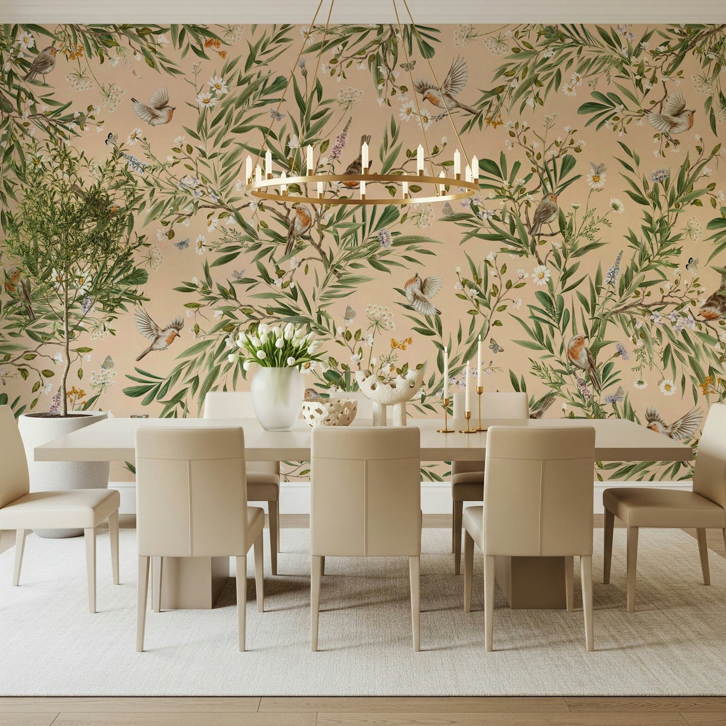 Floral Aviary Wall Mural enhancing a bright interior space.