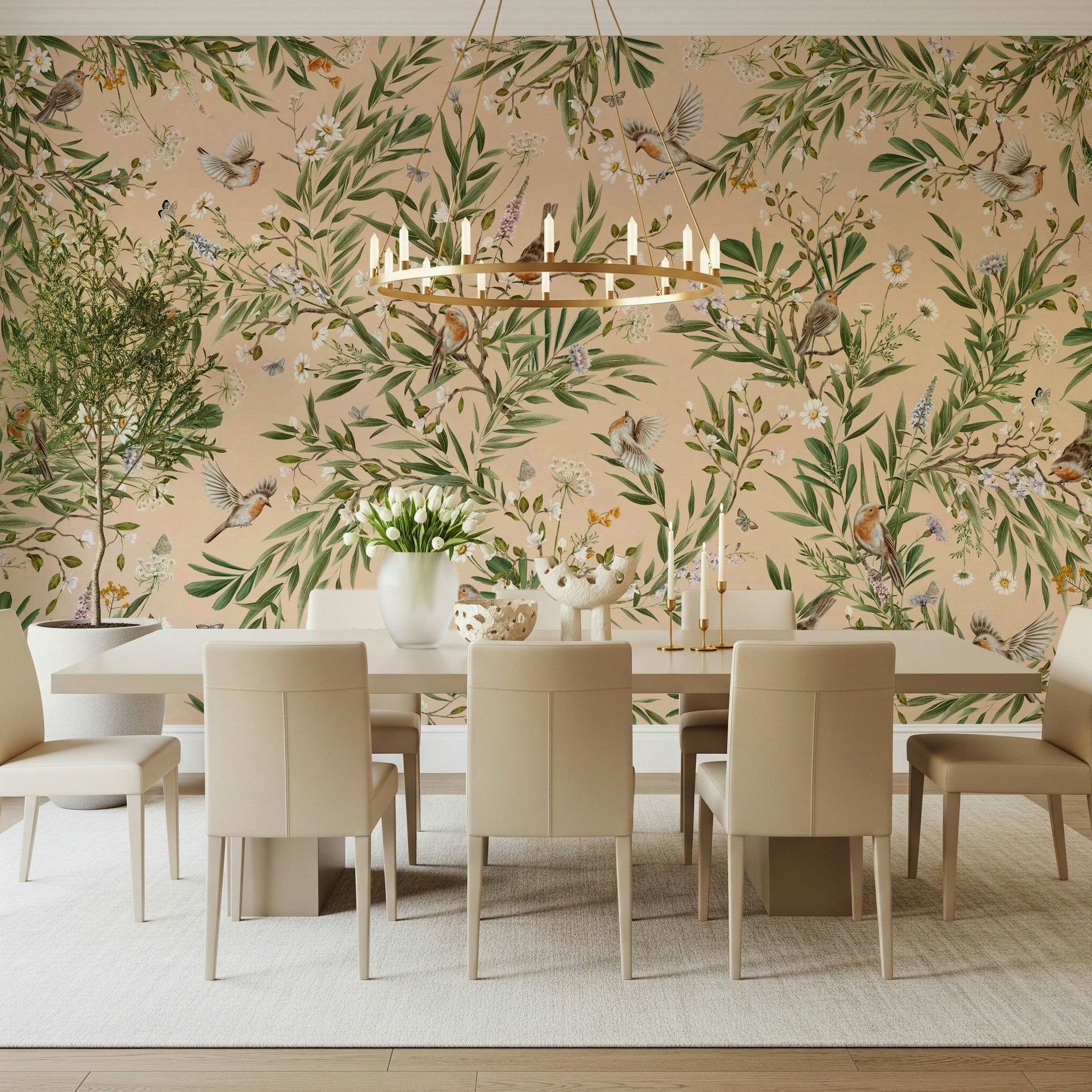 Floral Aviary Wall Mural enhancing a bright interior space.