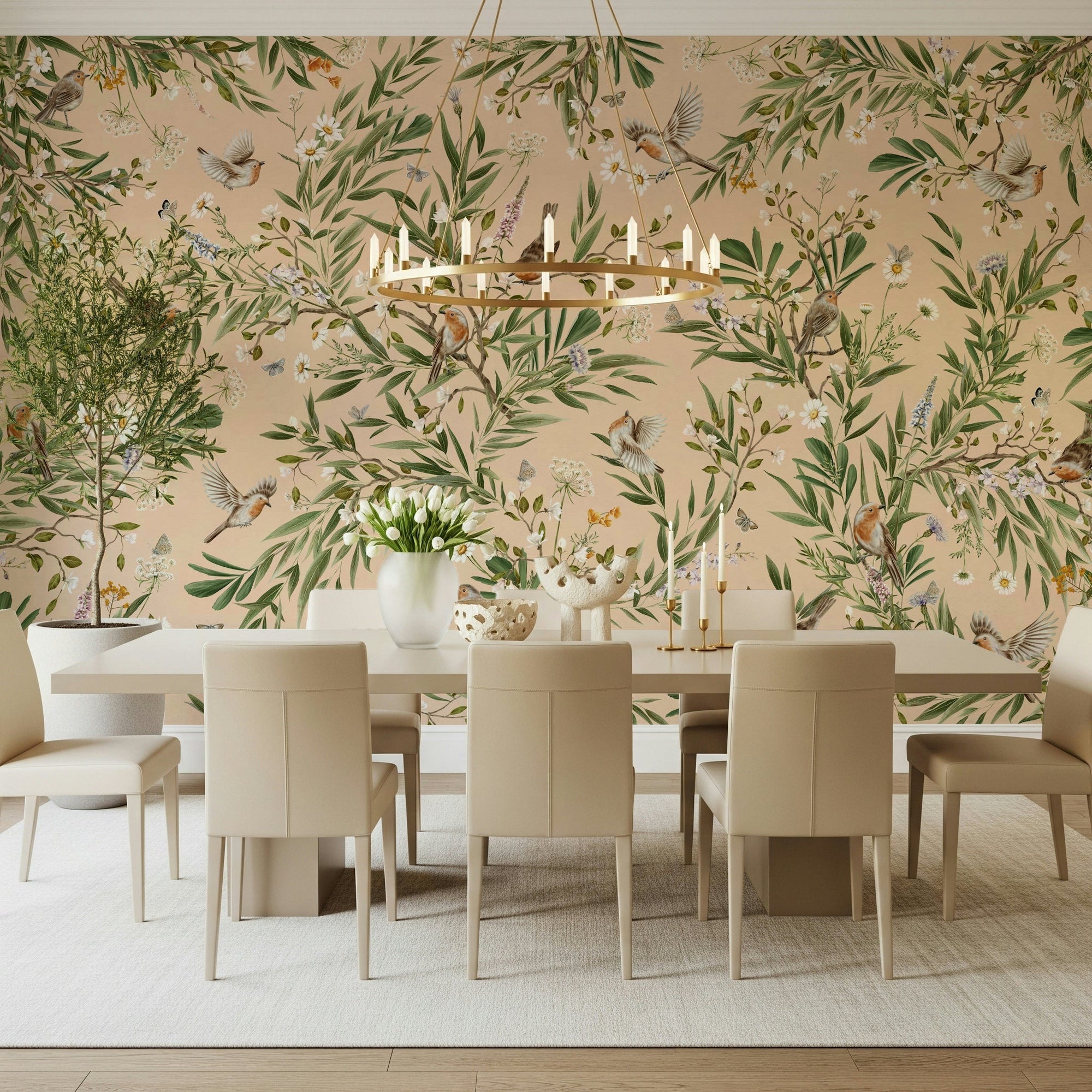 Floral Aviary Wall Mural enhancing a bright interior space., GD6280