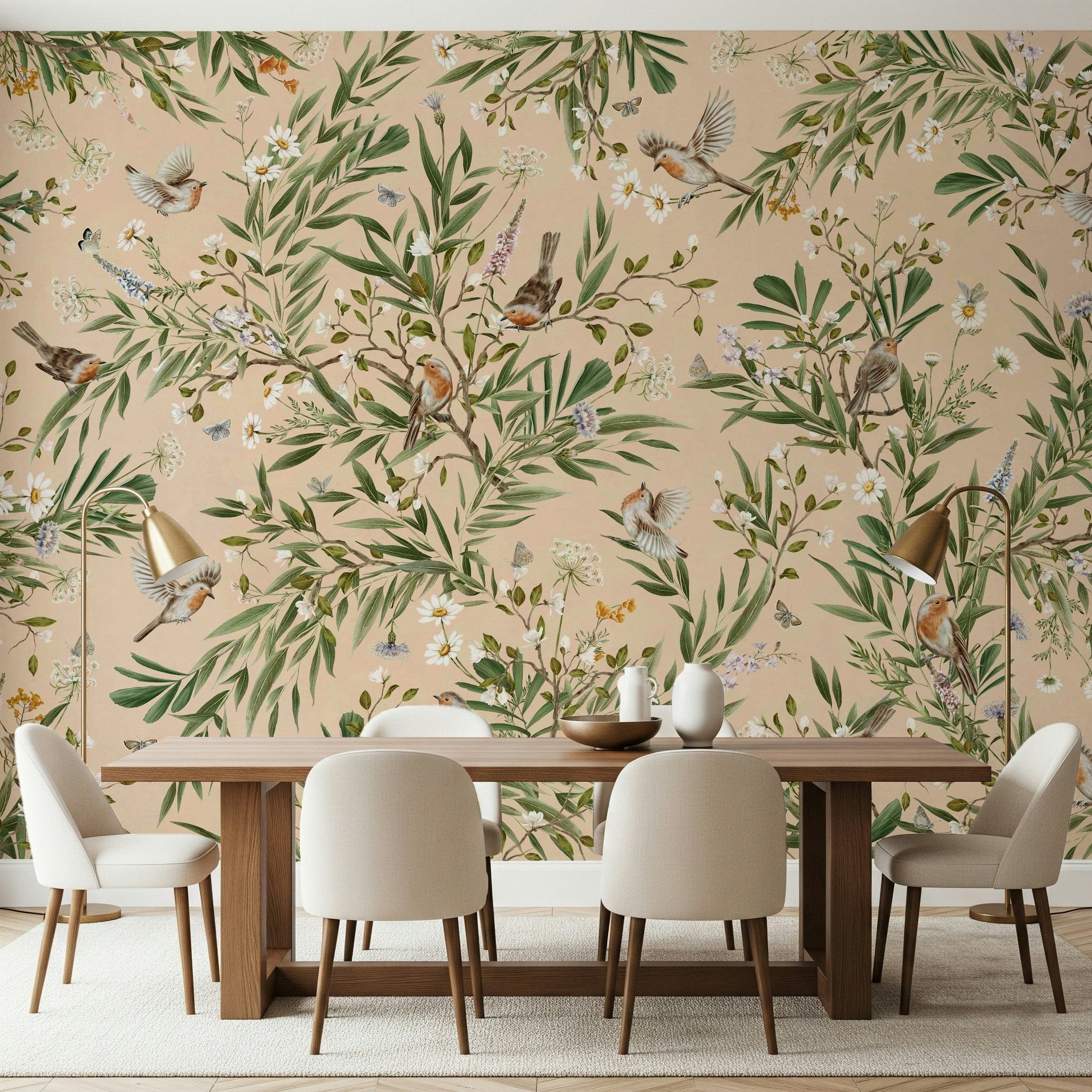 Artistic flower and leaf motifs in the Floral Aviary Wall Mural.