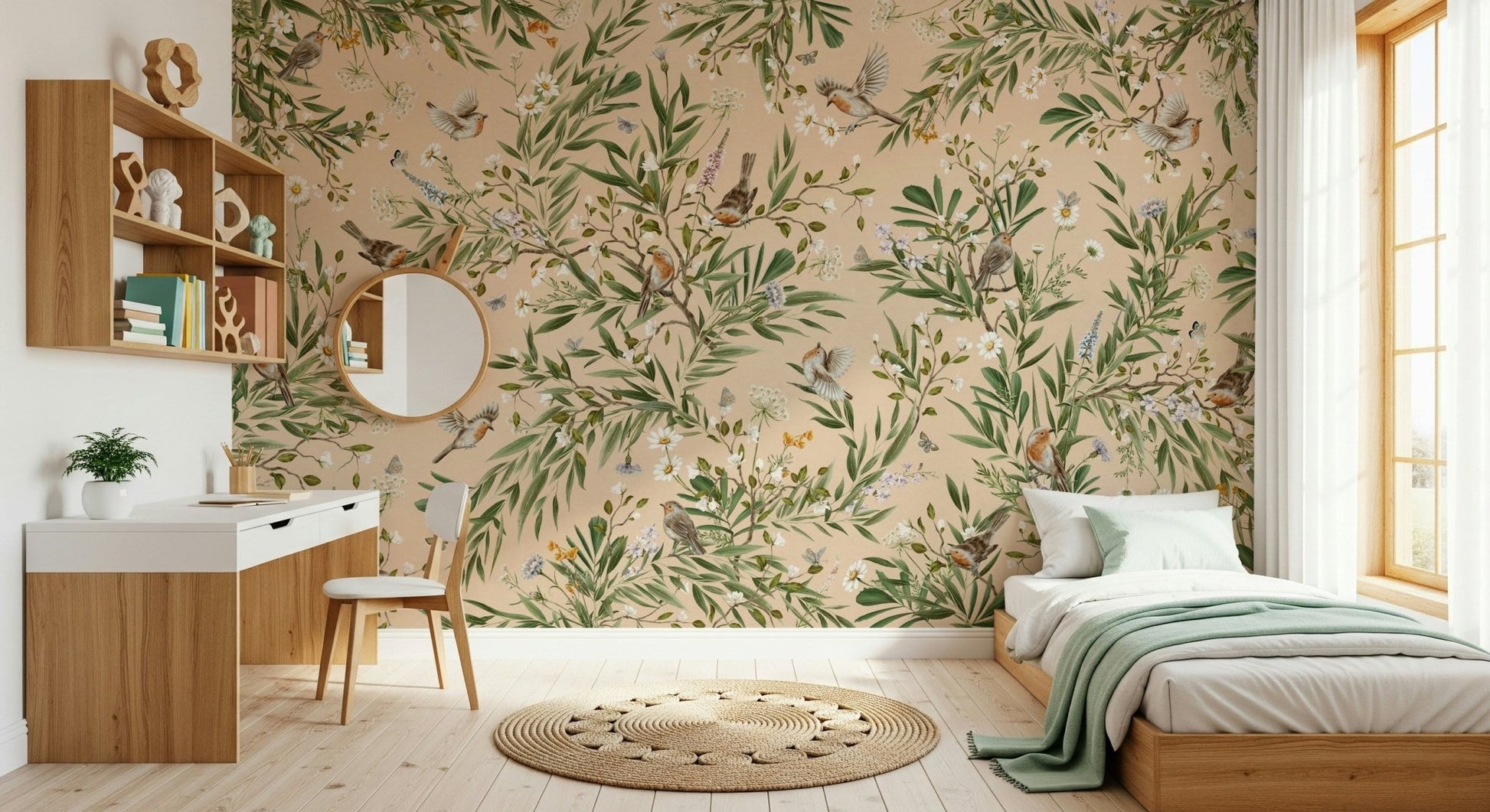 Accent wall for a bed with the stunning Floral Aviary Wall Mural.