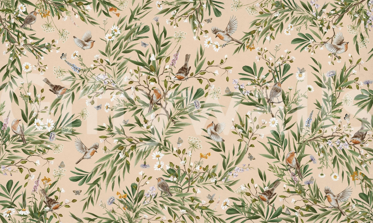 Bedroom design featuring the magnificent Floral Aviary Wall Mural.