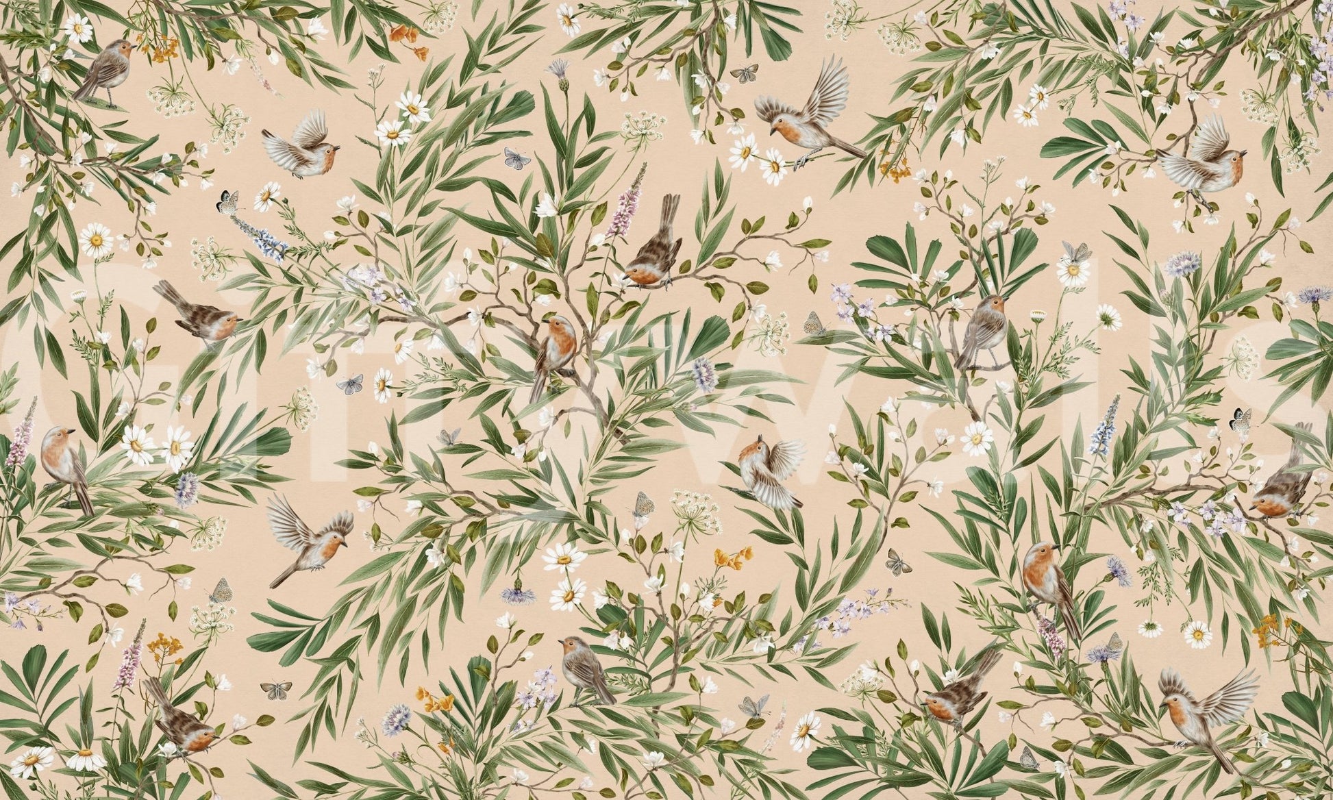 Bedroom design featuring the magnificent Floral Aviary Wall Mural.