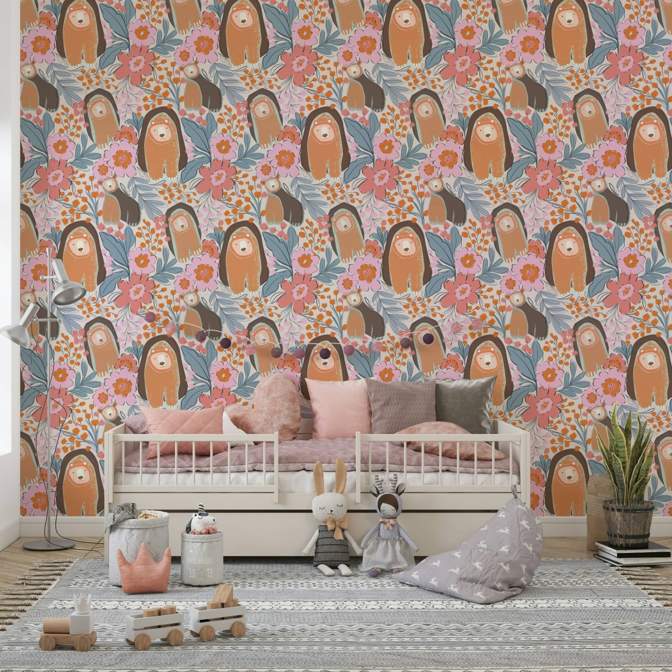 Floral Bears' Den Wallpaper in a bright nursery with white furniture wallpaper.