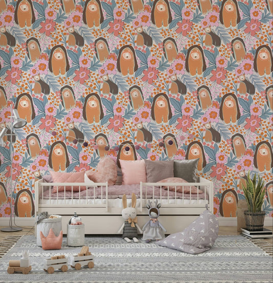 Floral Bears' Den Wallpaper in a bright nursery with white furniture wallpaper.