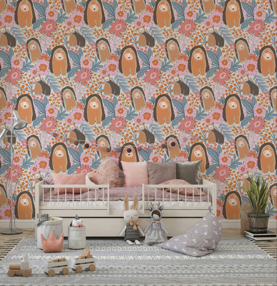 Floral Bears' Den Wallpaper in a bright nursery with white furniture wallpaper., GD3511