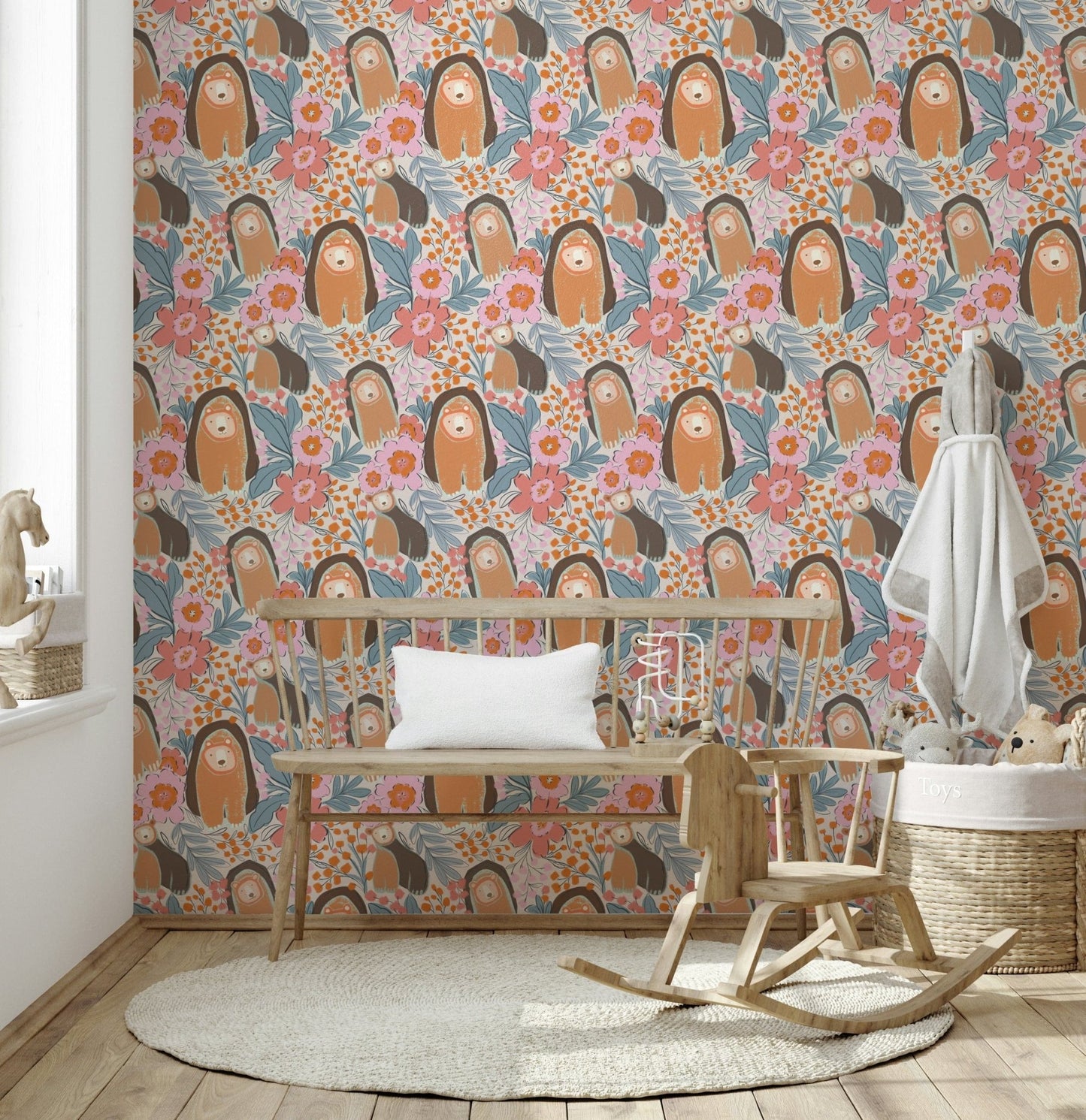 Whimsical bear and flower wall mural for a creative bedroom interior.