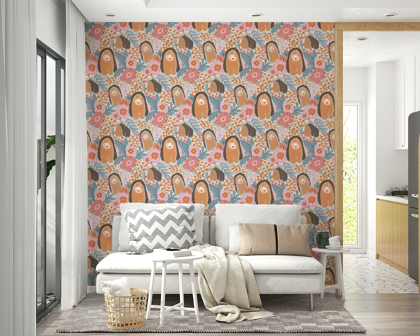 Detailed floral bear wallpaper for a modern reception area accent wall.