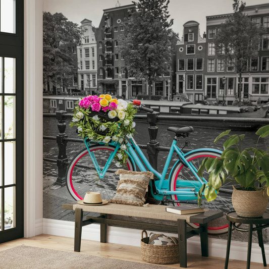 Pink flowers on a vintage bike wall mural for bedroom decor.