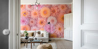 A wall mural featuring a dense arrangement of dahlia flowers.

