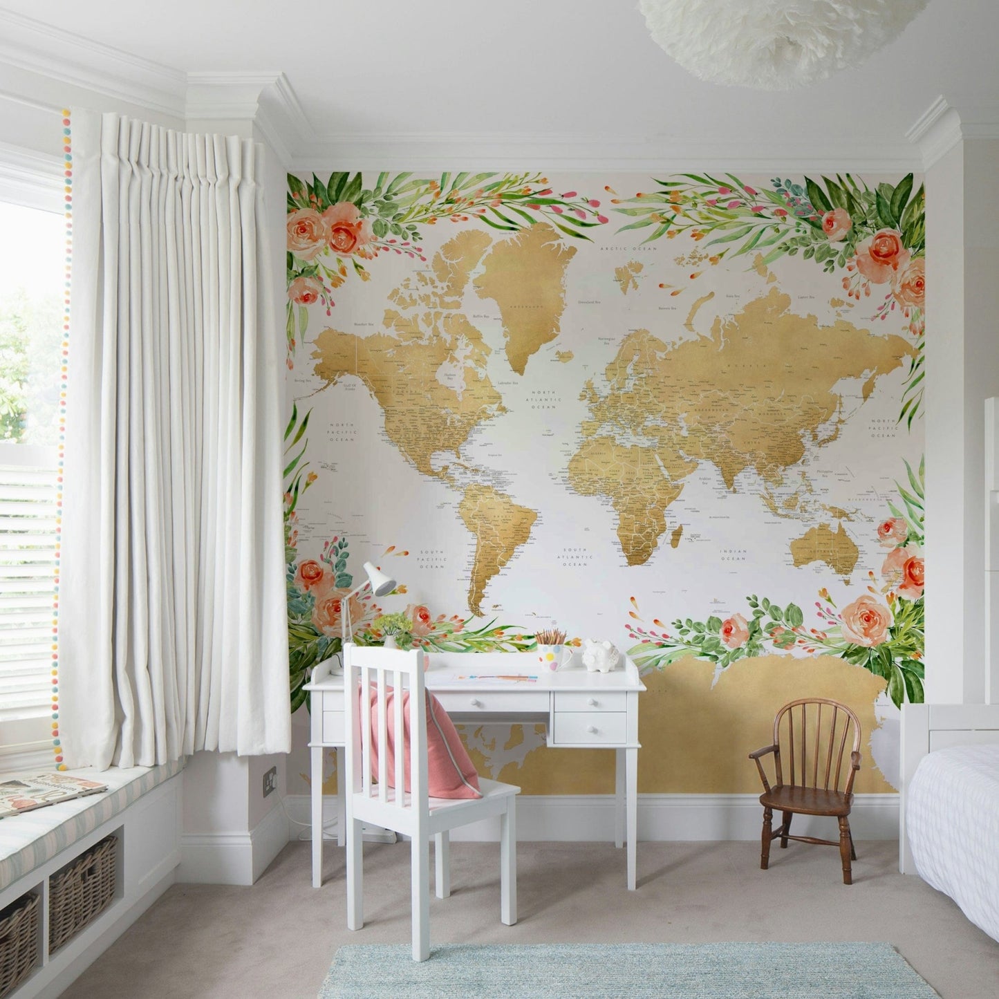 Floral Bohemian World Map Wallpaper
