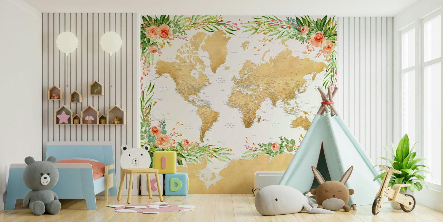 Bohemian style floral map wallpaper


