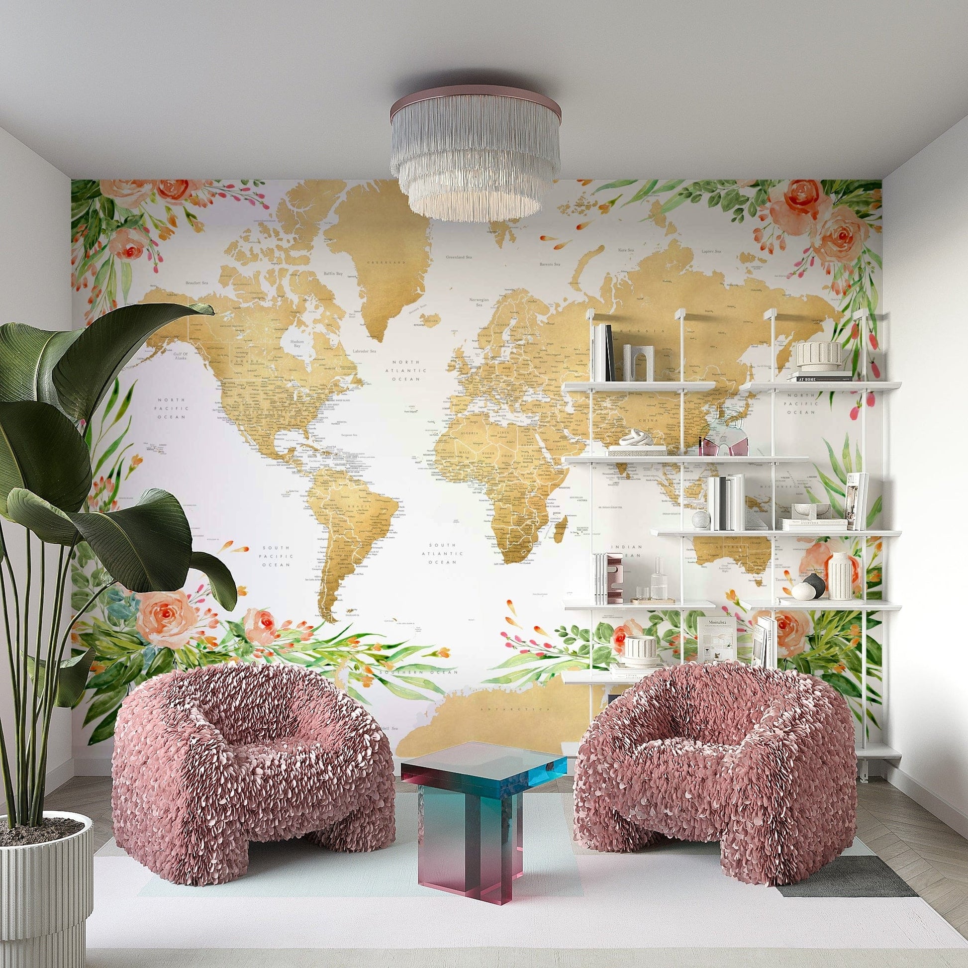 Watercolor floral bohemian map decor

