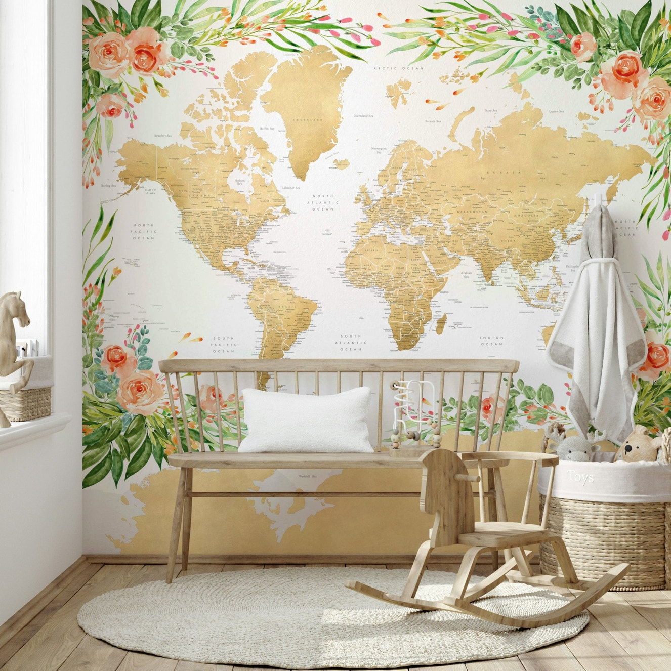 Floral bohemian world map wallpaper art

