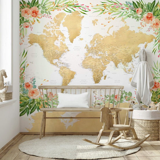 Floral bohemian world map wallpaper art
 GD185

