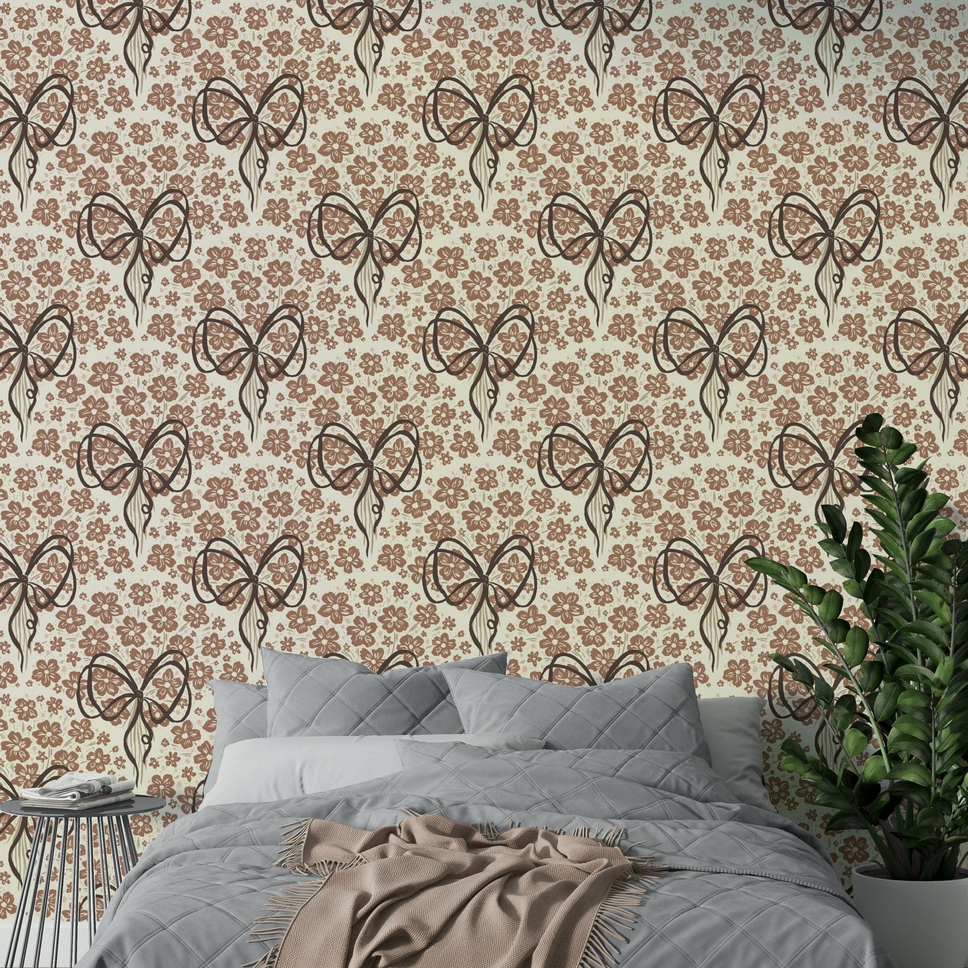 Floral bouquet with bow wallpaper design

