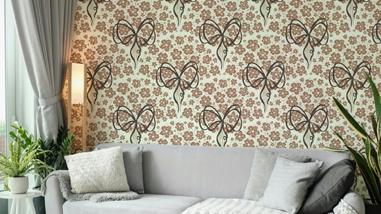 Romantic floral wallpaper with bow, GD842