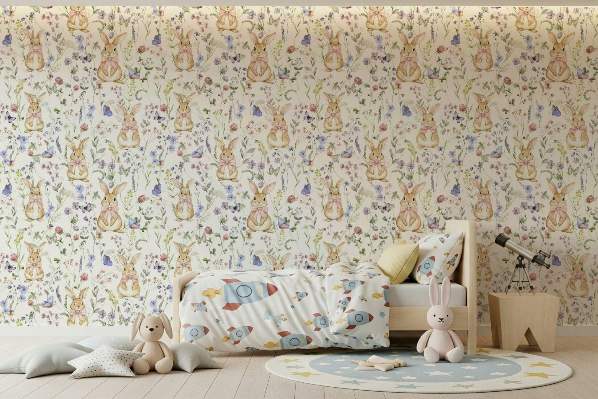 Meadow flowers and bunnies decorative wall covering paper.