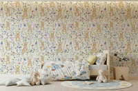 Meadow flowers and bunnies decorative wall covering paper.