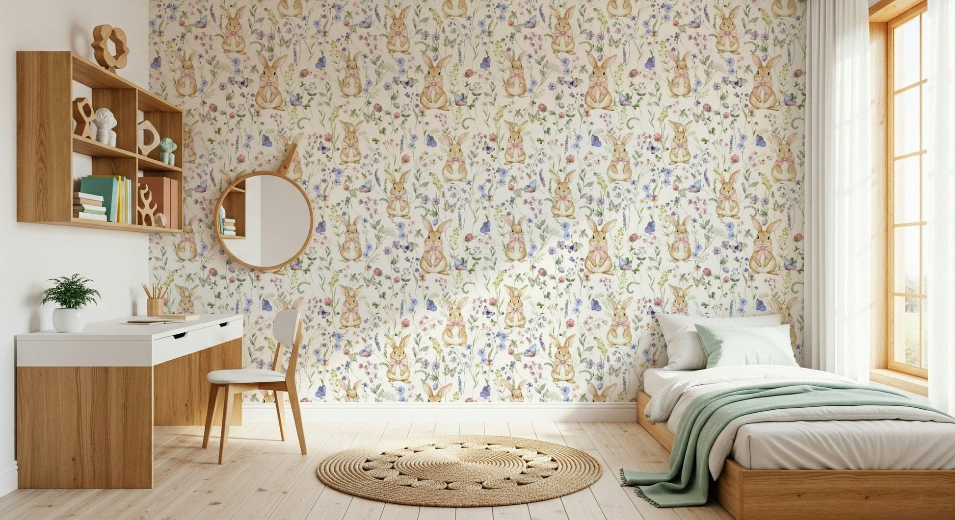 Sweet watercolor rabbits and butterflies wallpaper design.