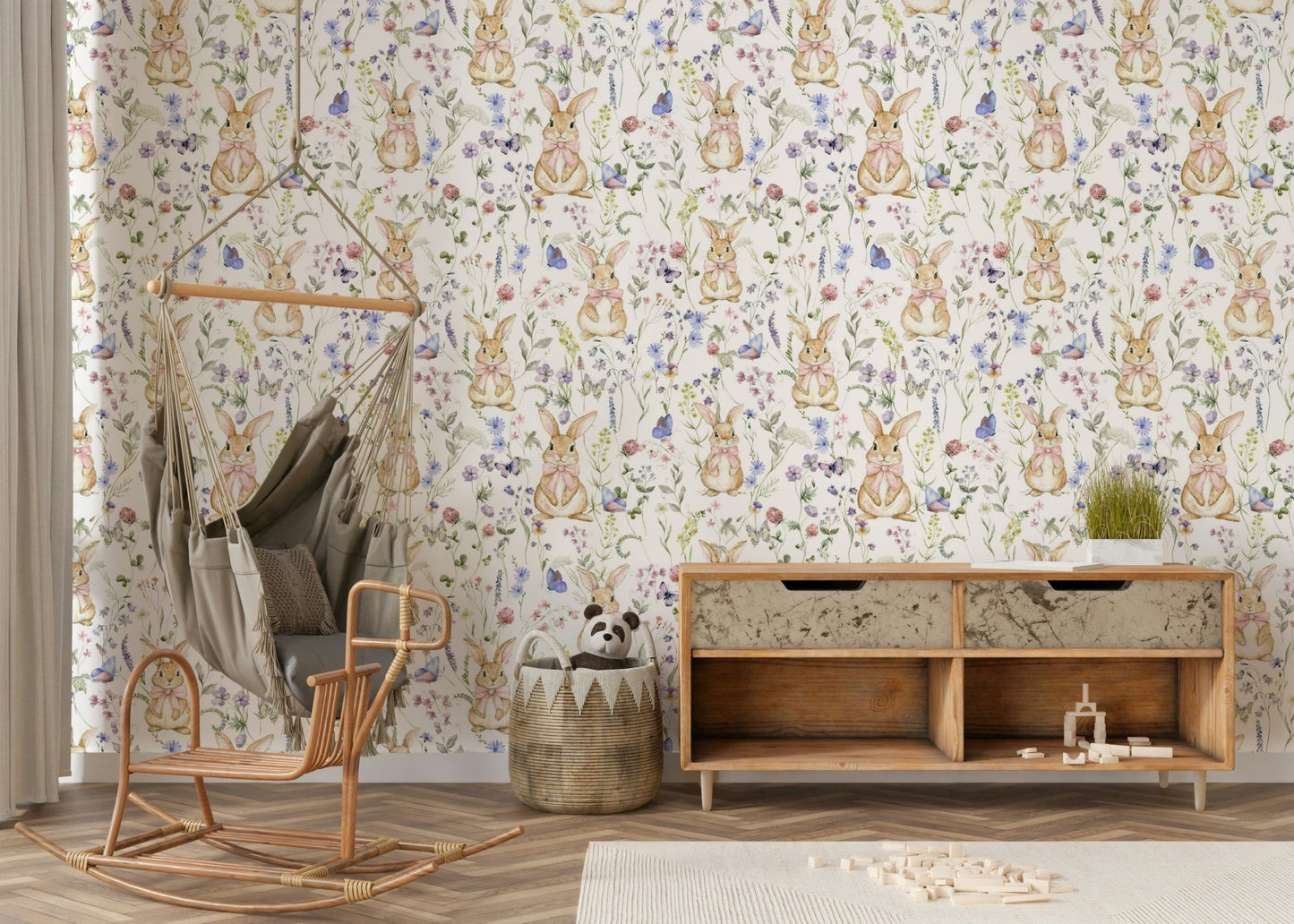 Floral Bunny Bliss wallpaper for walls spring garden print.