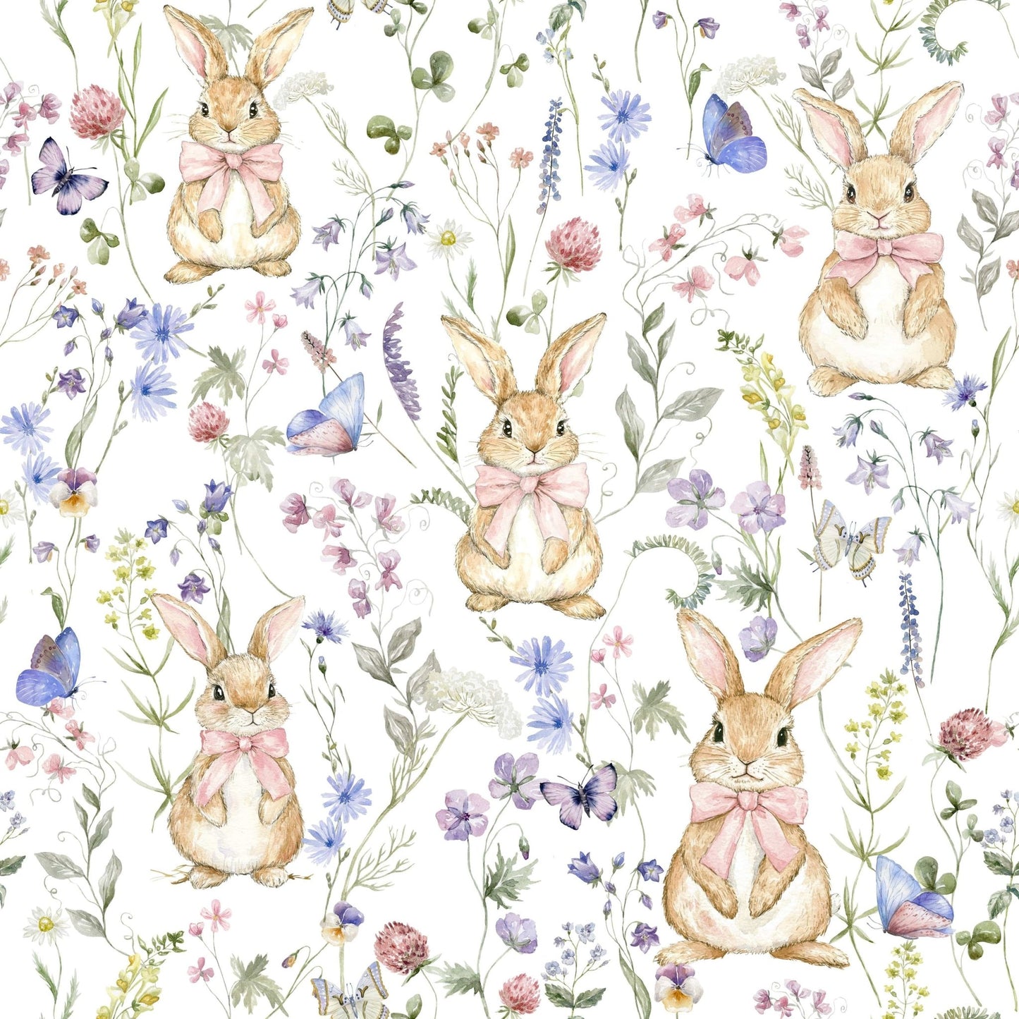 Watercolor bunny rabbit pattern wall mural gentle scene.