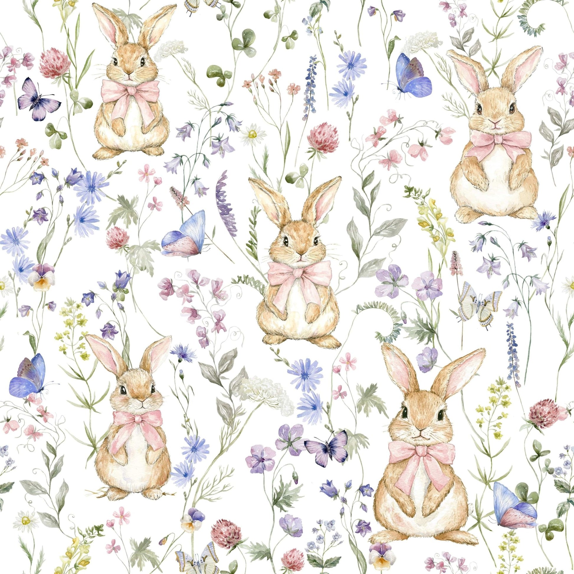 Watercolor bunny rabbit pattern wall mural gentle scene.